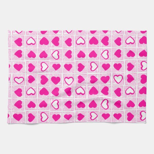 Pink Heart Pastel Fun Squares キッチンタオル (横)