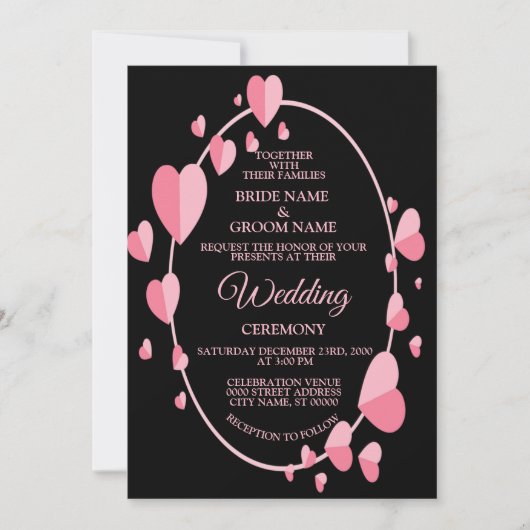 Pink Heart Pattern Black Geometric Elegant Wedding 招待状 (正面)