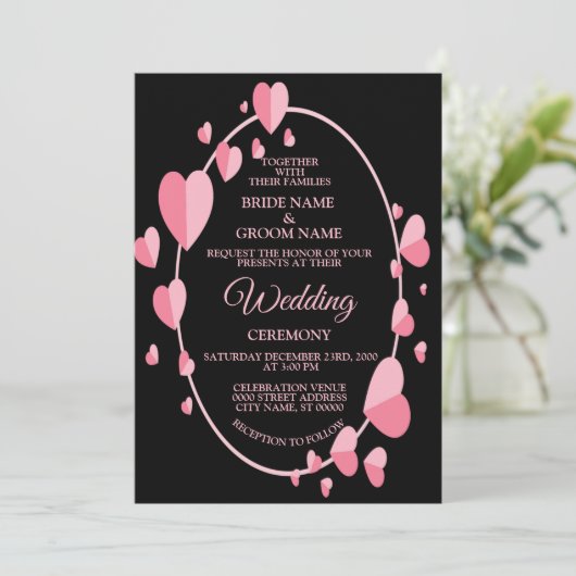 Pink Heart Pattern Black Geometric Elegant Wedding 招待状 (スタンド正面)