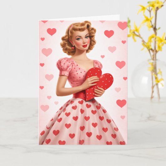 Pink Heart Retro Love Design Greeting Card カード (黄色い花)