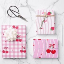 Pink Heart Ribbon Cherries ラッピングペーパーシート