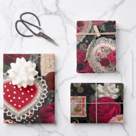 Pink Heart Rose Flowers Vintage Wrapping ラッピングペーパーシート