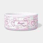 Pink Heart Shapes Pattern With Custom Name ボウル<br><div class="desc">Destei's lovely pattern of pink color heart shapes in different sizes. The hearts are drawn as line art making them hollow and letting the white ceramic background color show through. The top and bottom have pink color borders and there is a personalizable text area for a name or other custom...</div>