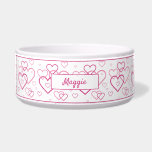Pink Heart Shapes Pattern With Custom Name ボウル<br><div class="desc">Destei's lovely pattern of pink color heart shapes in different sizes. The hearts are drawn as line art making them hollow and letting the white ceramic background color show through. The top and bottom have pink color borders and there is a personalizable text area for a name or other custom...</div>
