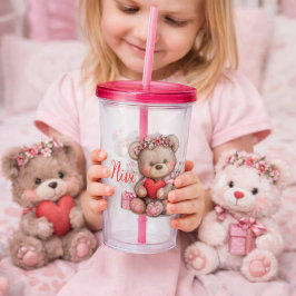Pink Heart Teddy Bear Tumbler Illustration  アクリルタンブラー