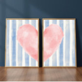 Pink Heart Watercolor, Aesthetic Blue Stripes
