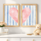 Pink Heart Watercolor, Aesthetic Blue Stripes