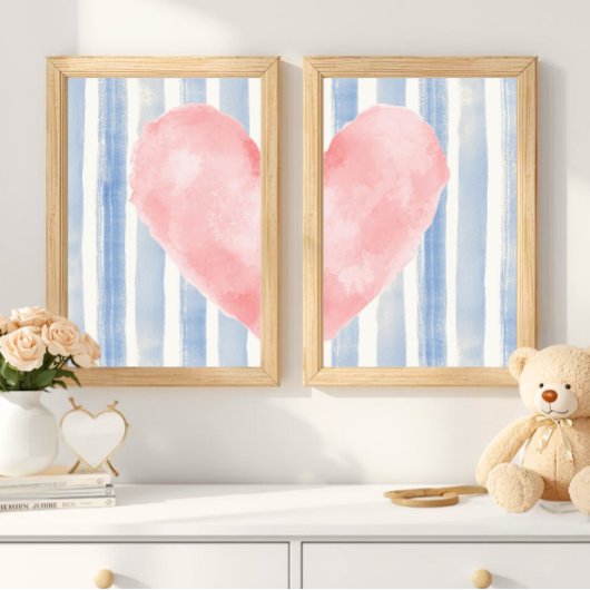 Pink Heart Watercolor, Aesthetic Blue Stripes