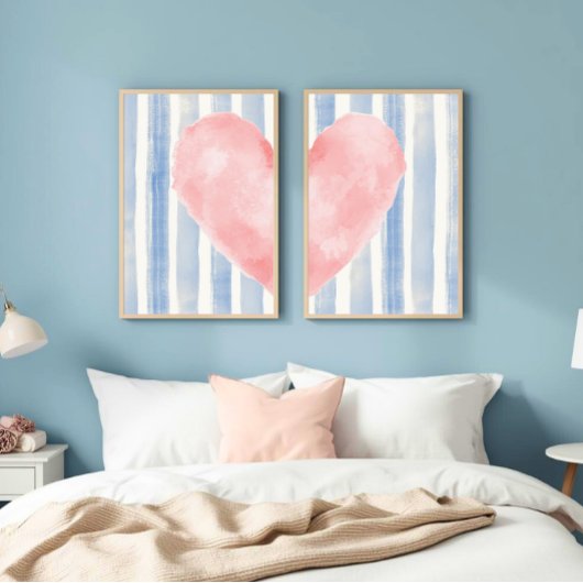 Pink Heart Watercolor, Aesthetic Blue Stripes