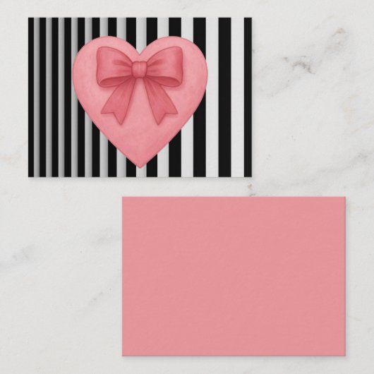 Pink heart with bow black&white striped background ノートカード (正面/裏面)