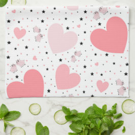 Pink hearts and piggy キッチンタオル