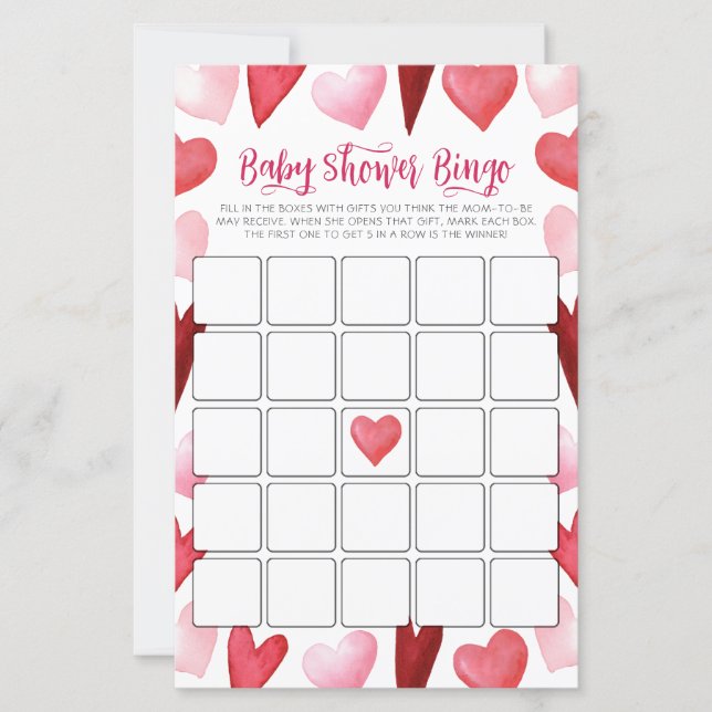 Pink Hearts Baby Shower Bingo Game Card (正面)