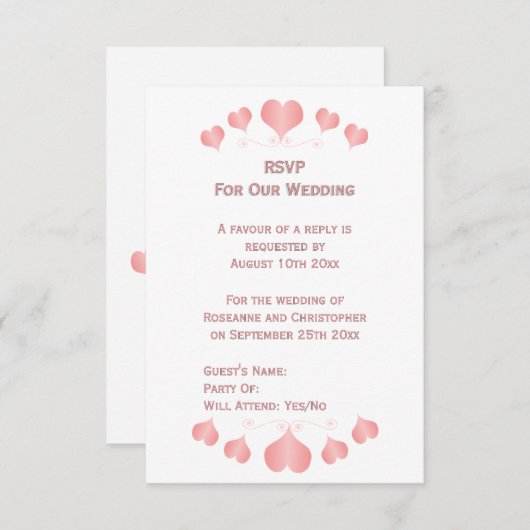 Pink Hearts Design Wedding 出欠カード (正面/裏面)