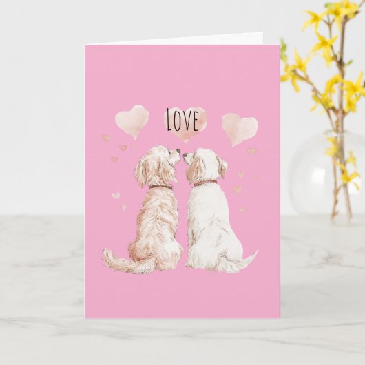 Pink Hearts Dog Love カード (黄色い花)