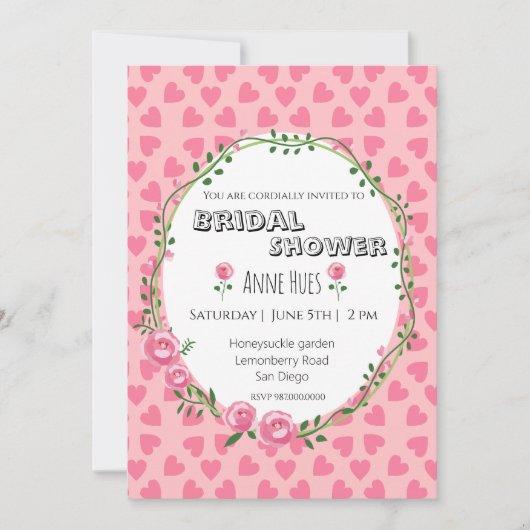  Pink Hearts Flower Bridal Shower Invitation Card 招待状 (正面)