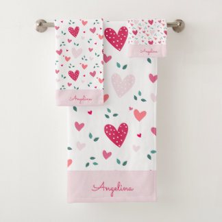Pink Hearts Girl’s Custom Name Bath Towel Set バスタオルセット