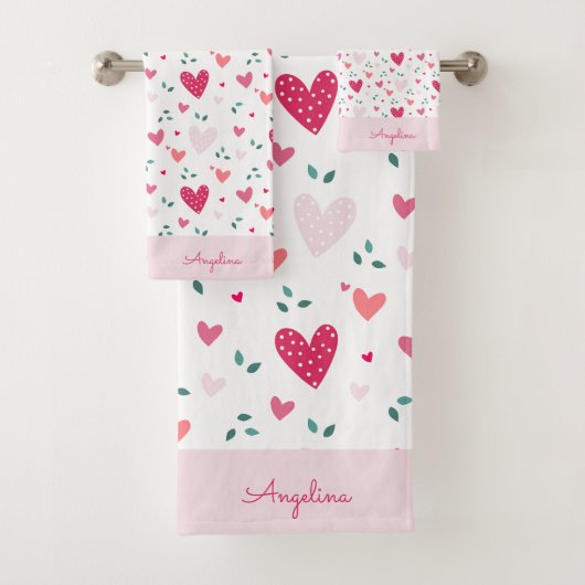 Pink Hearts Girl’s Custom Name Bath Towel Set バスタオルセット (インサイチュ)