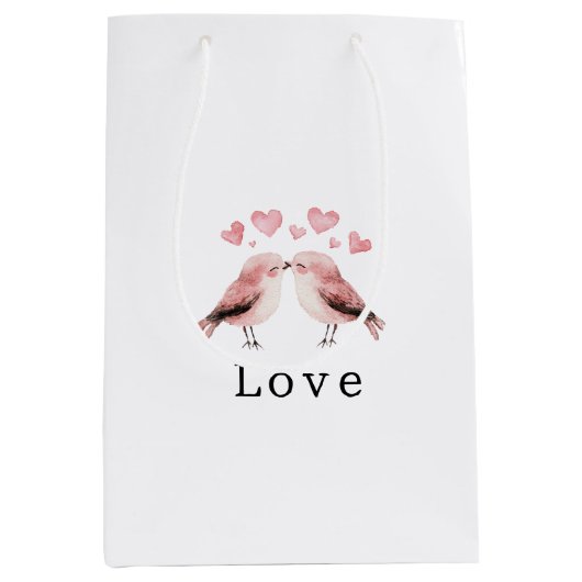 Pink Hearts Love Birds Valentine's Day Wedding ミディアムペーパーバッグ (正面)