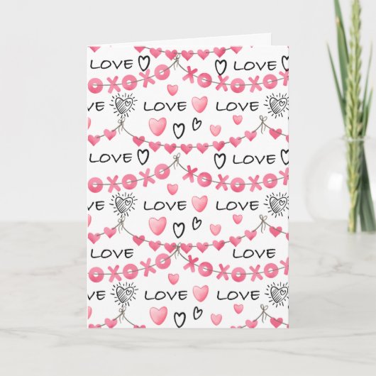Pink Hearts Love Doodle Script Pattern Valentine's カード (正面)