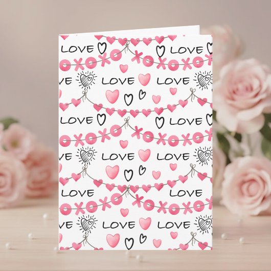 Pink Hearts Love Doodle Script Pattern Valentine's カード