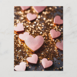 pink hearts on golden glitter ground for valentine ポストカード
