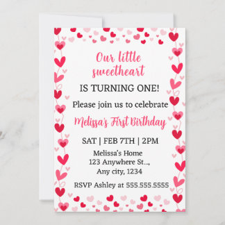 Pink Hearts Our Little Sweetheart Birthday Invite  招待状
