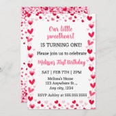 Pink Hearts Our Little Sweetheart Birthday Invite  招待状 (正面/裏面)