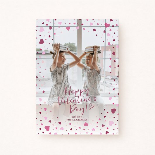 Pink Hearts Overlay Valentine’s Day Photo Card 招待状
