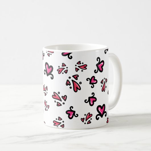 Pink Hearts Pattern – Cute Doodle Design コーヒーマグカップ (正面右)