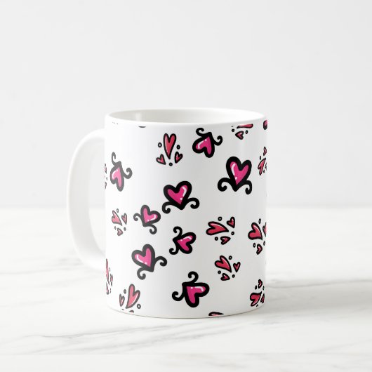 Pink Hearts Pattern – Cute Doodle Design コーヒーマグカップ (正面左)