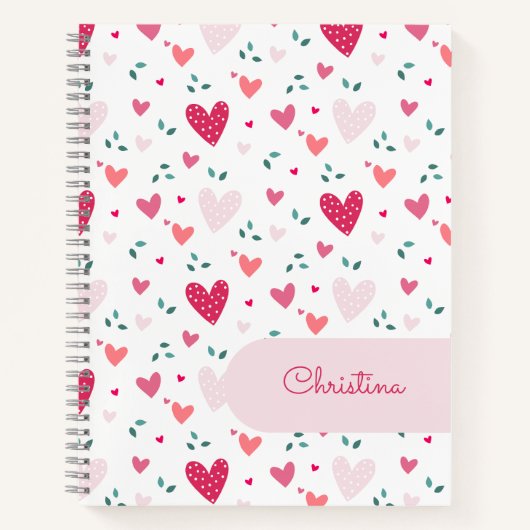 Pink Hearts Pattern Girly Custom Name Notebook ノートブック (正面)