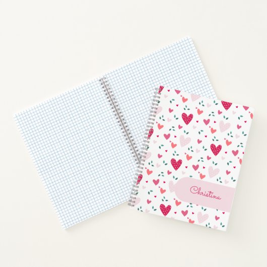 Pink Hearts Pattern Girly Custom Name Notebook ノートブック (内部)