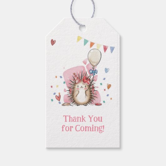 Pink Hedgehog Children's Birthday Gift Tag ギフトタグ (正面)