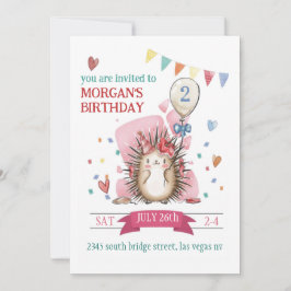 Pink Hedgehog Children's Birthday Invitation 招待状