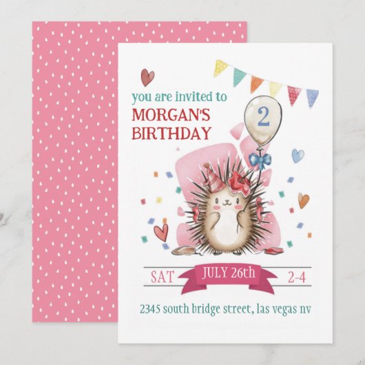 Pink Hedgehog Children's Birthday Invitation 招待状 (正面/裏面)