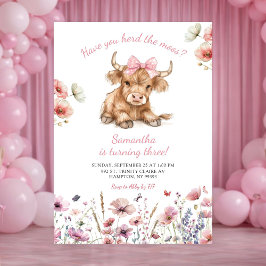 Pink Heifer Bull Floral Birthday Invitation 招待状