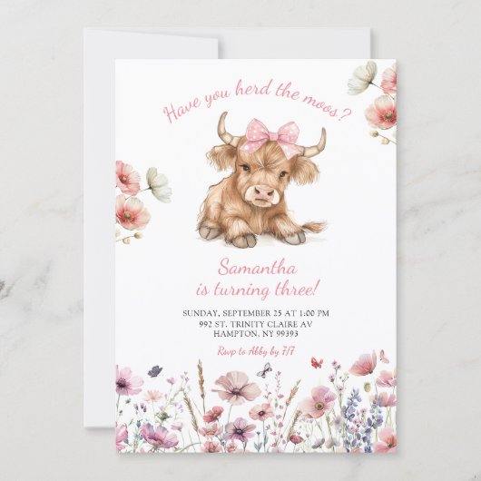 Pink Heifer Bull Floral Birthday Invitation 招待状 (正面)