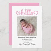 Pink Hello Hearts Script Birth 案内状 (正面/裏面)