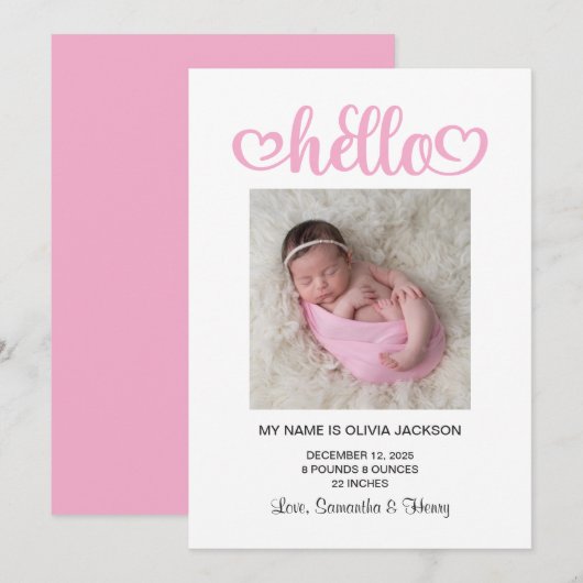 Pink Hello Hearts Script Birth 案内状 (正面/裏面)