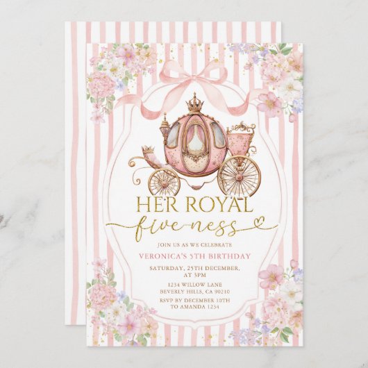 Pink Her Royal five-ness birthday Bow Coquette 招待状 (正面/裏面)