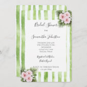Pink Hibiscus Floral Green Stripes Bridal Shower 招待状 (正面/裏面)