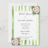 Pink Hibiscus Floral Green Stripes Bridal Shower 招待状 (正面)