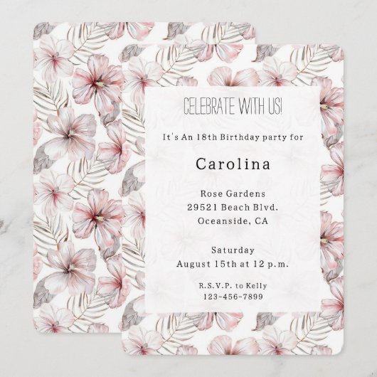 Pink Hibiscus Flowers Birthday 招待状 (正面/裏面)