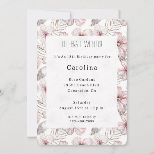 Pink Hibiscus Flowers Birthday 招待状 (正面)