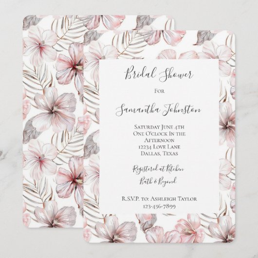 Pink Hibiscus Flowers Bridal Shower 招待状 (正面/裏面)
