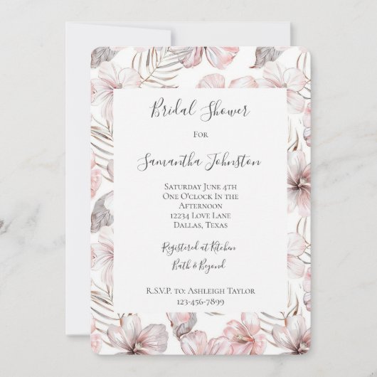 Pink Hibiscus Flowers Bridal Shower 招待状 (正面)