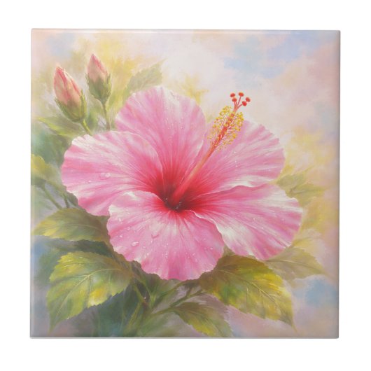 Pink Hibiscus - Painting Style Art タイル (正面)