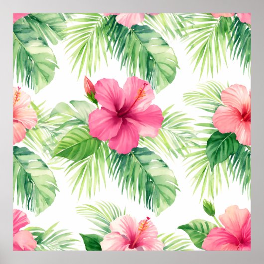 Pink Hibiscus Tropical Palm Watercolor ポスター (正面)