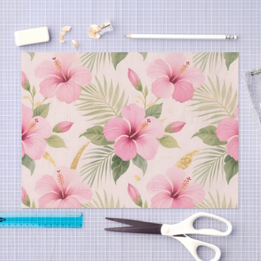 Pink Hibiscus Tropical Seamless Pattern 薄葉紙 (クラフト)