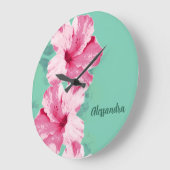 Pink Hibiscus Tropical Teal Clock ラージ壁時計 (傾斜)
